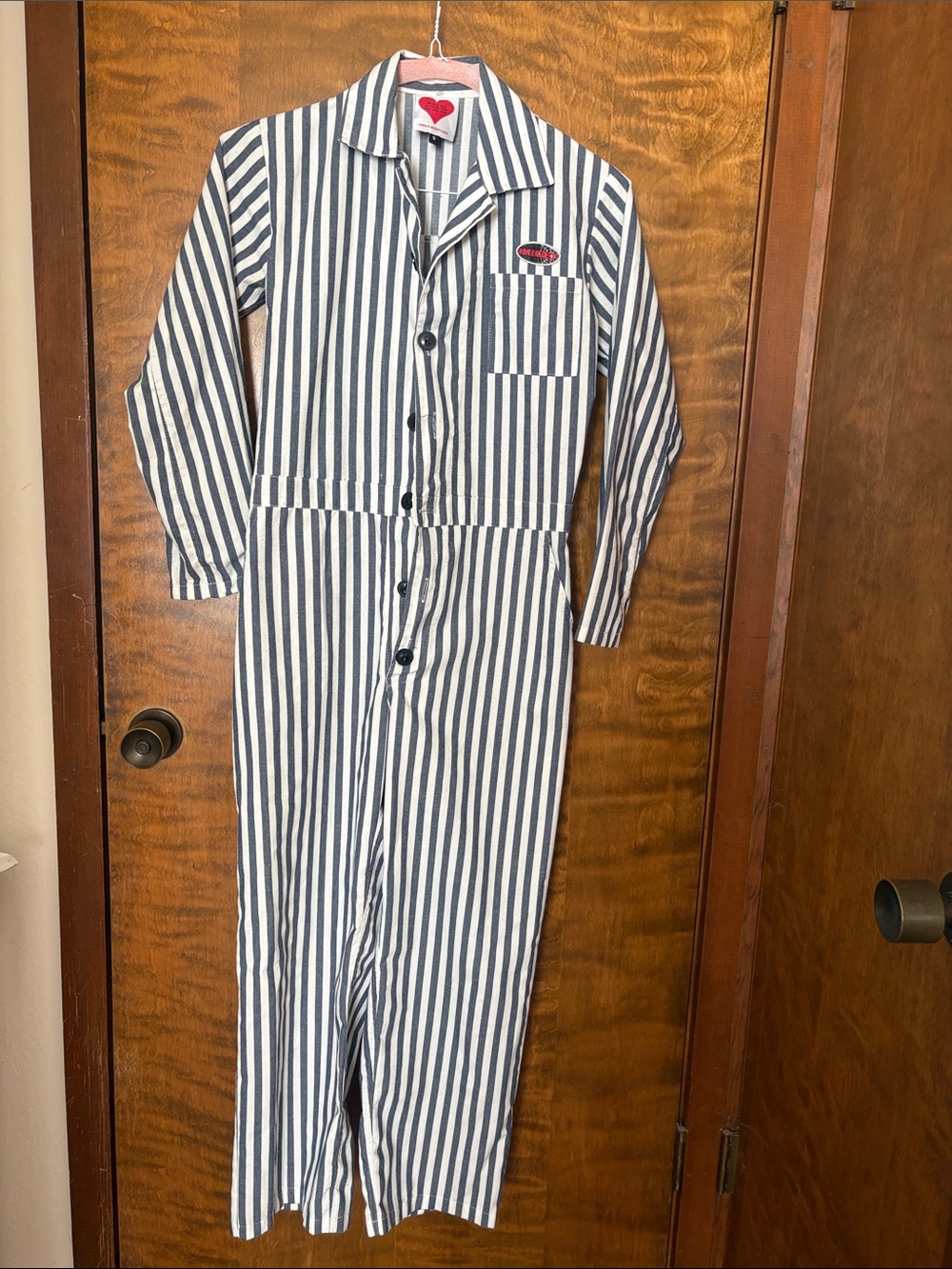 omighty Navy and White Vertical Stripe Jumpsuit Romper